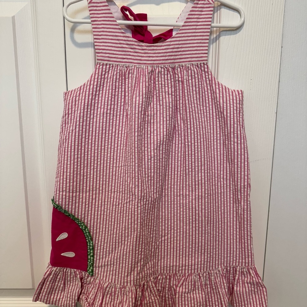 Florence Eiseman Pink and White Striped Seersucker Dress with Watermelon Accent